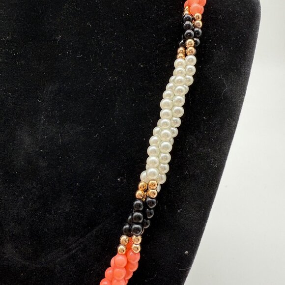 Vintage Multi-Strand Coral Onyx & Faux Pearl Beaded Necklace With Gold-Plated St - Picture 3 of 7